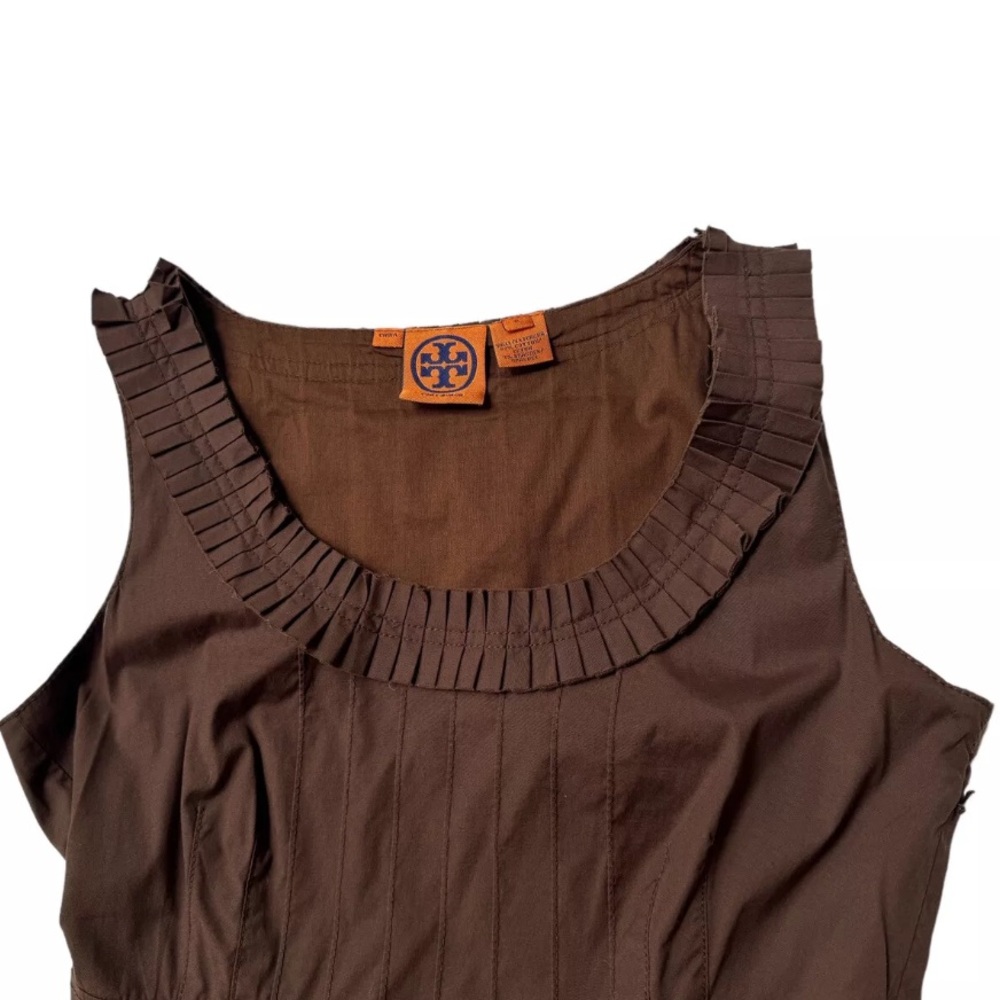 Tory Burch Cotton Brown Aline Empire Waist Knee Length Dress Sz 2 Pleated - Picture 3 of 5